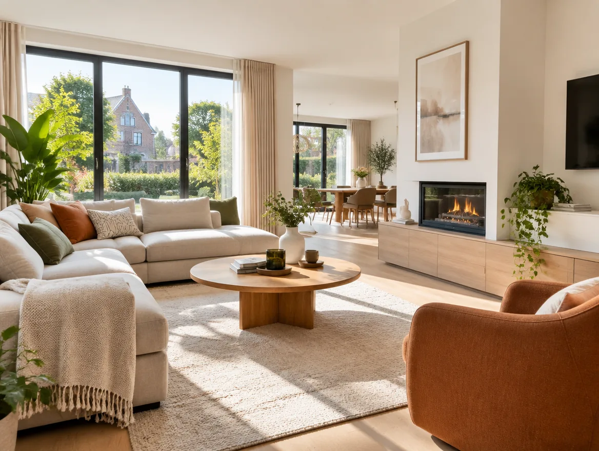 Illustration : salon lumineux et chaleureux d'une maison rénovée